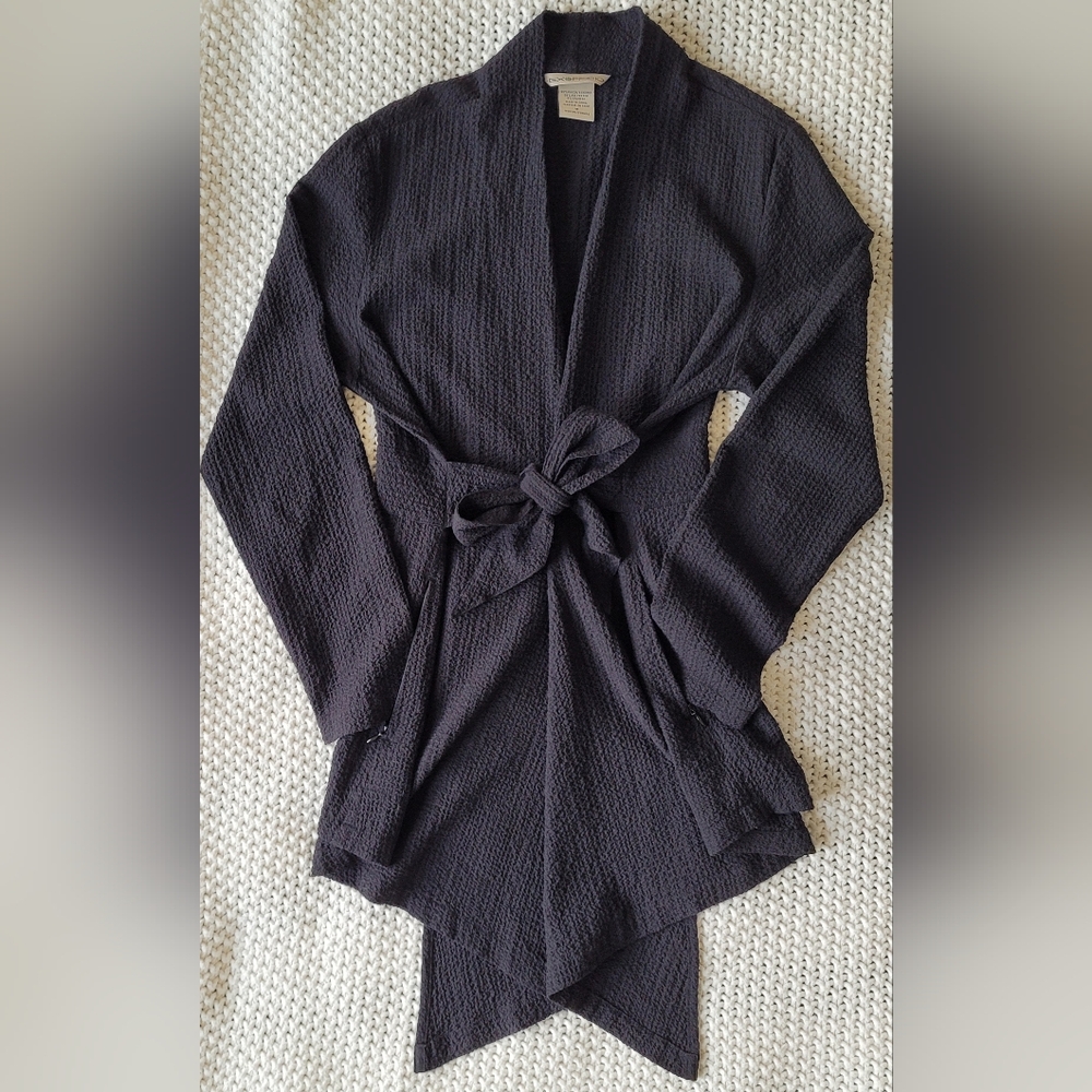 ExOfficio Tie Waist Open Front Long Travel Cardigan In Black Crinkle Material